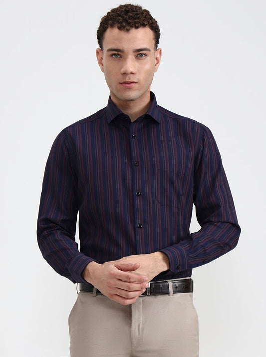 Navy Blue & Maroon Striped Slim Fit Formal Shirt | Greenfibre