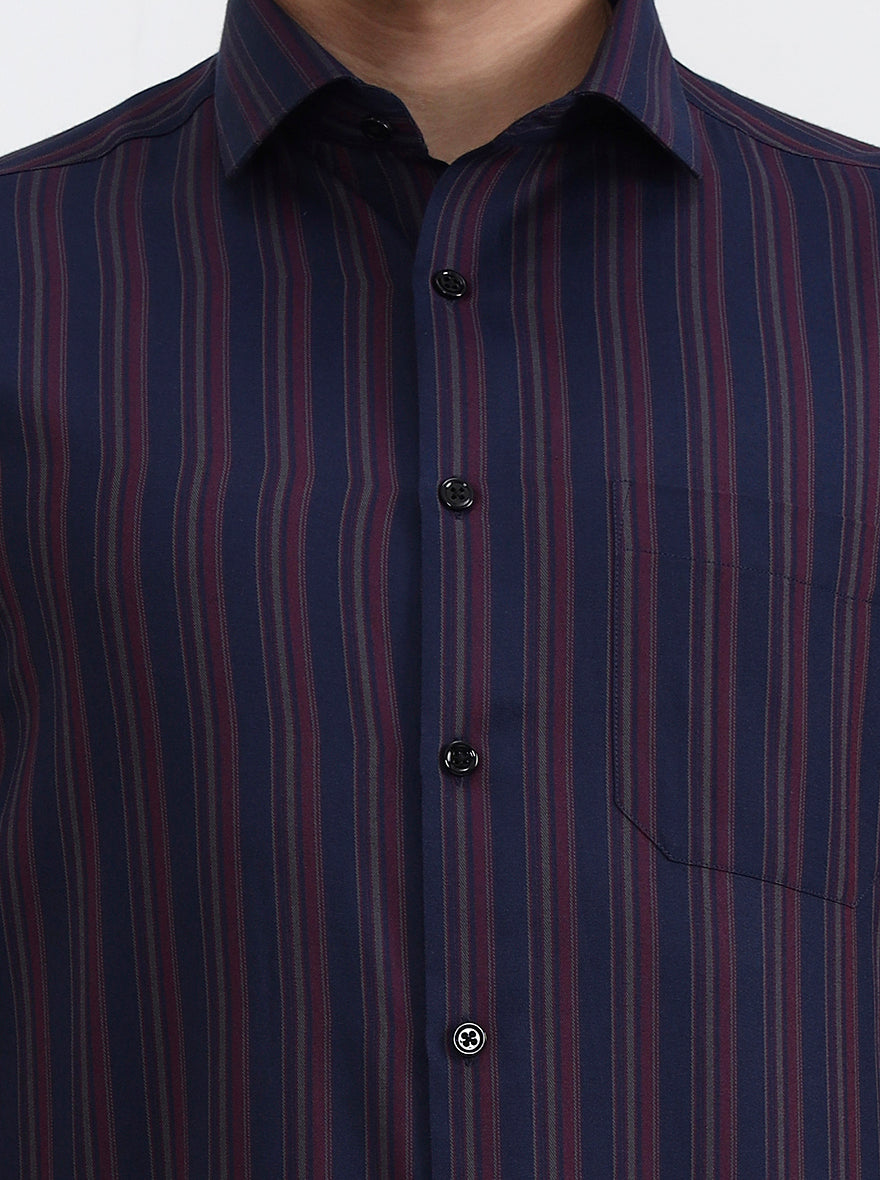 Navy Blue & Maroon Striped Slim Fit Formal Shirt | Greenfibre