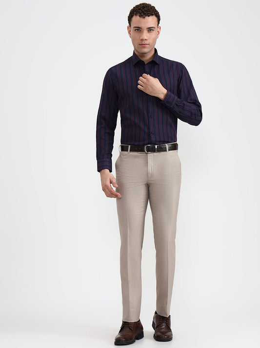 Navy Blue & Maroon Striped Slim Fit Formal Shirt | Greenfibre