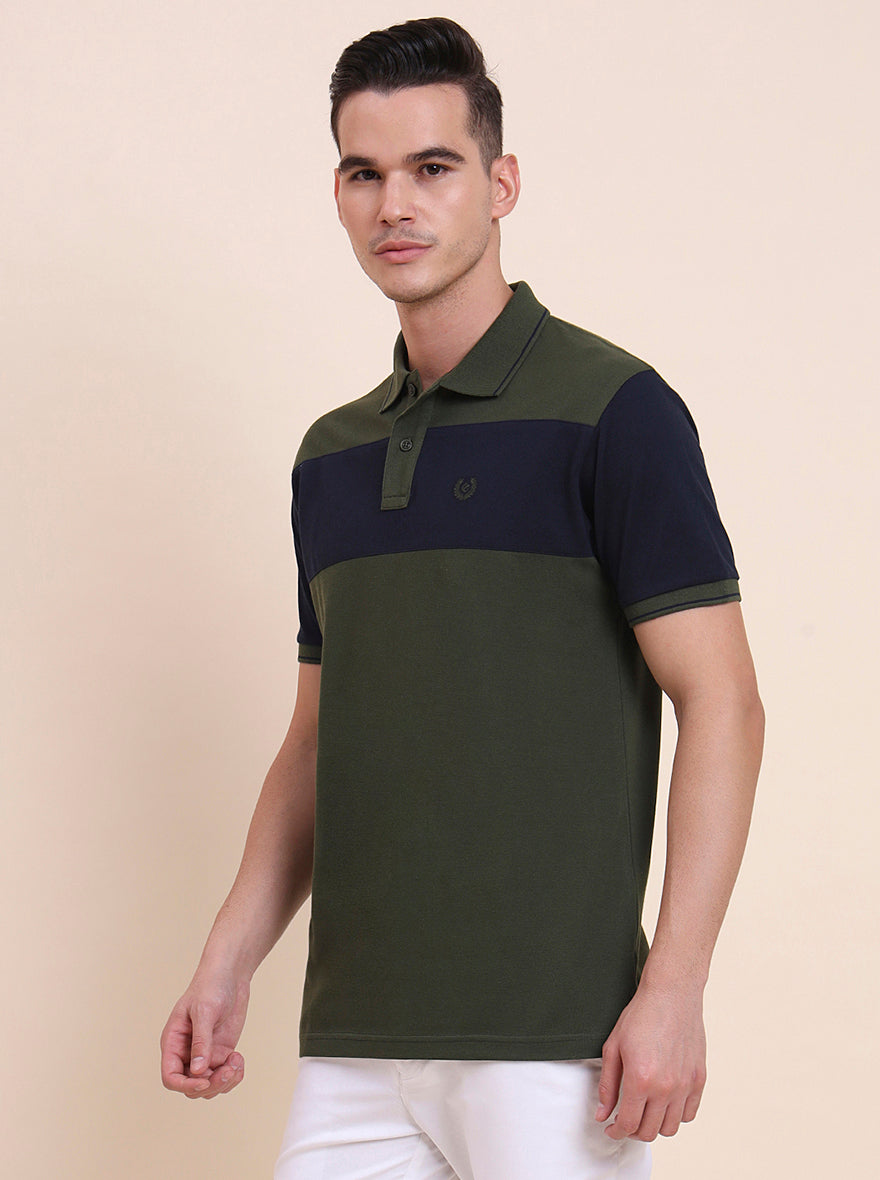 Olive & Navy Blue CUT & SEW Slim Fit Polo T-Shirt | Greenfibre