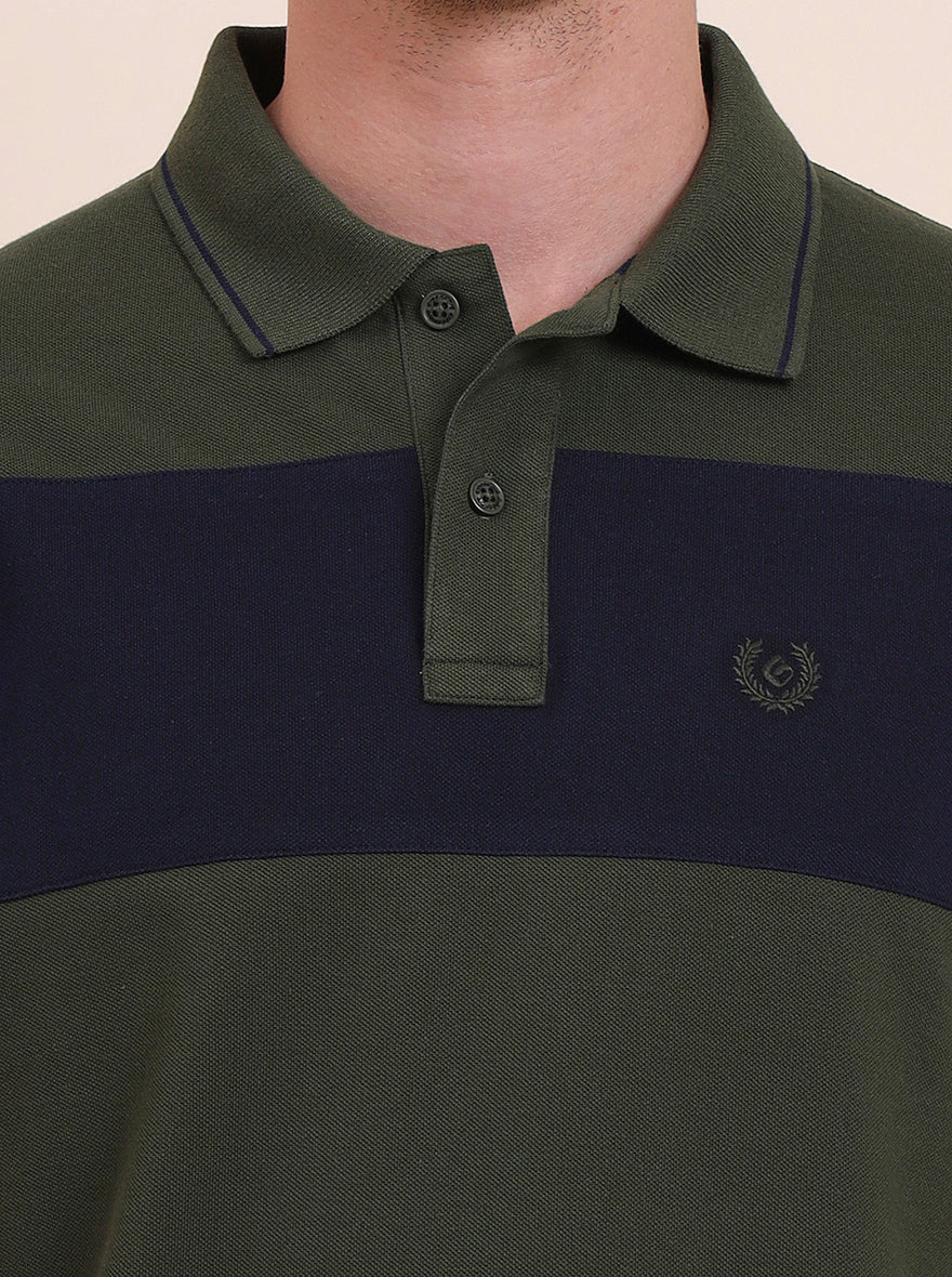 Olive & Navy Blue Striped Slim Fit Polo T-Shirt | Greenfibre