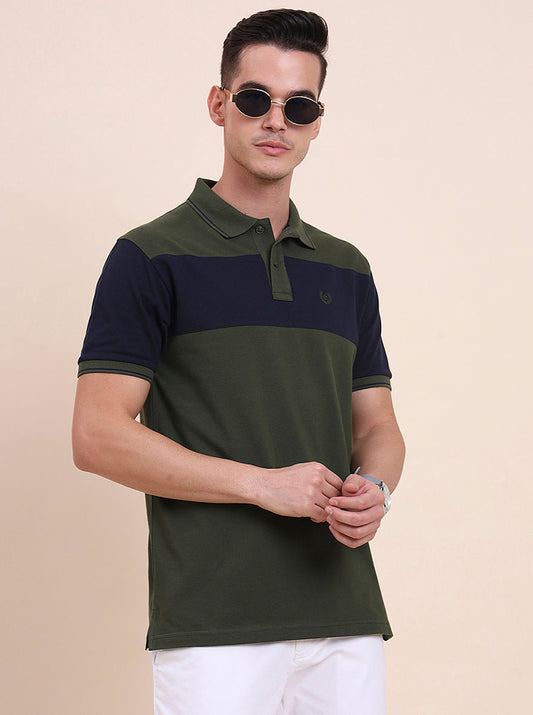 Olive & Navy Blue CUT & SEW Slim Fit Polo T-Shirt | Greenfibre