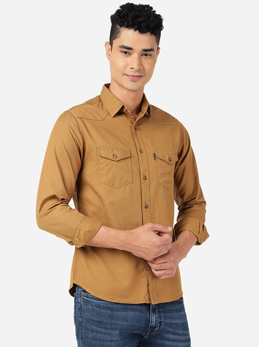 Khakhi Solid Slim Fit Casual Shirt | Greenfibre