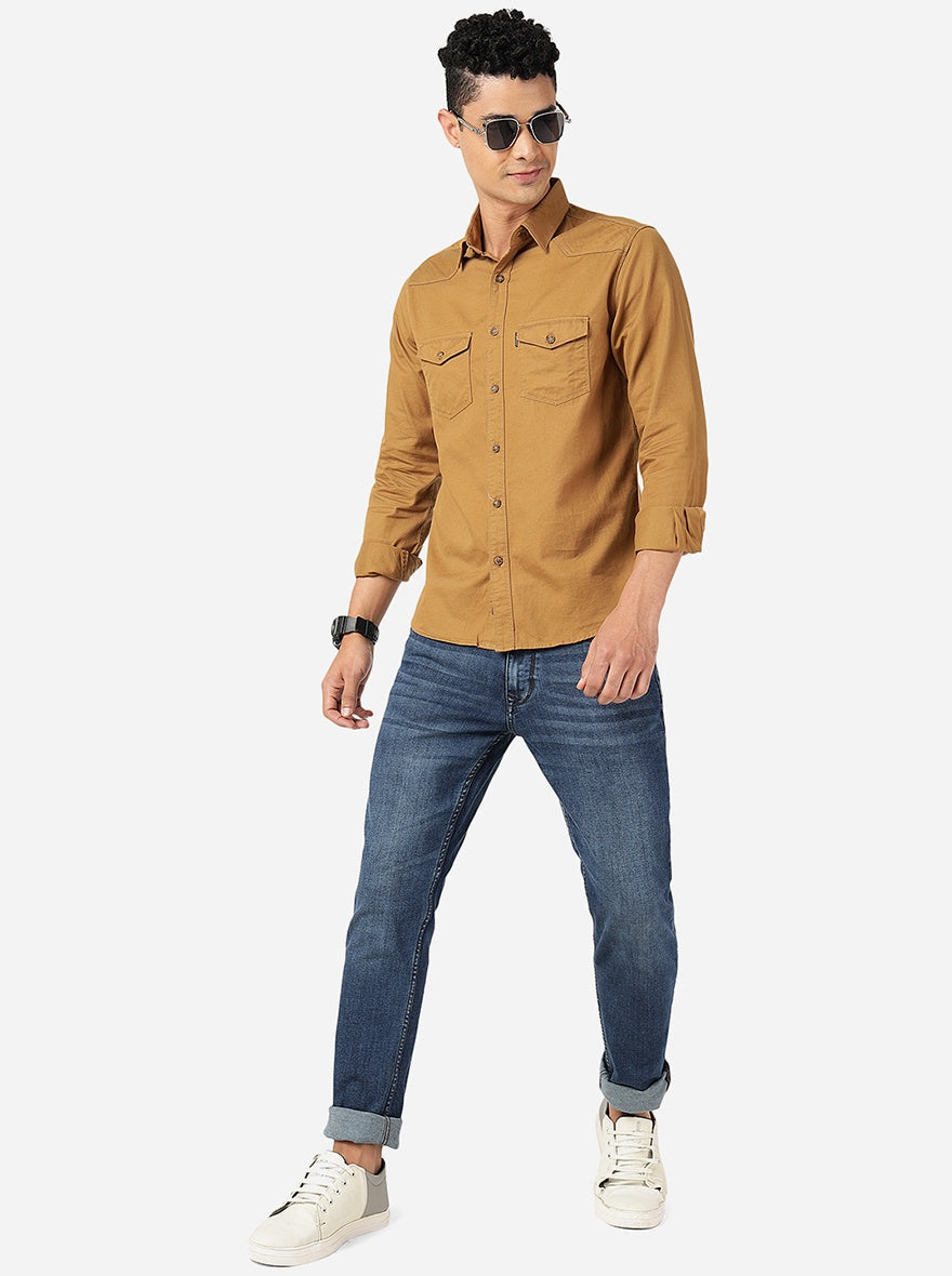 Khakhi Solid Slim Fit Casual Shirt | Greenfibre