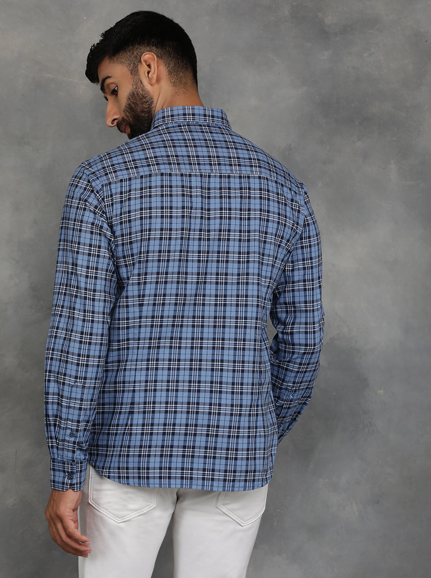 Blue Checked Slim Fit Casual Shirt | GreenFibre
