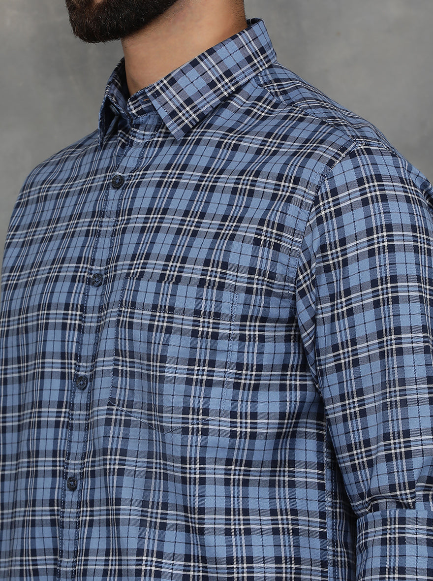 Blue Checked Slim Fit Casual Shirt | GreenFibre