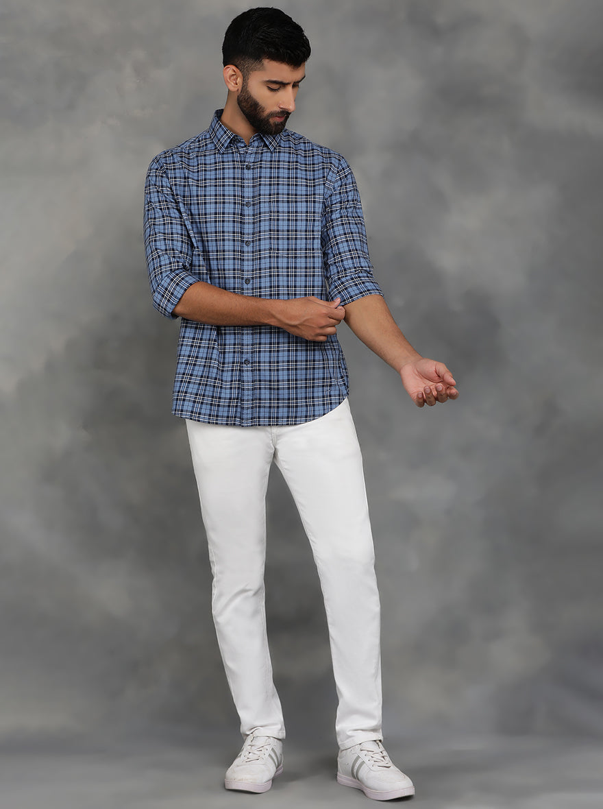 Blue Checked Slim Fit Casual Shirt | GreenFibre
