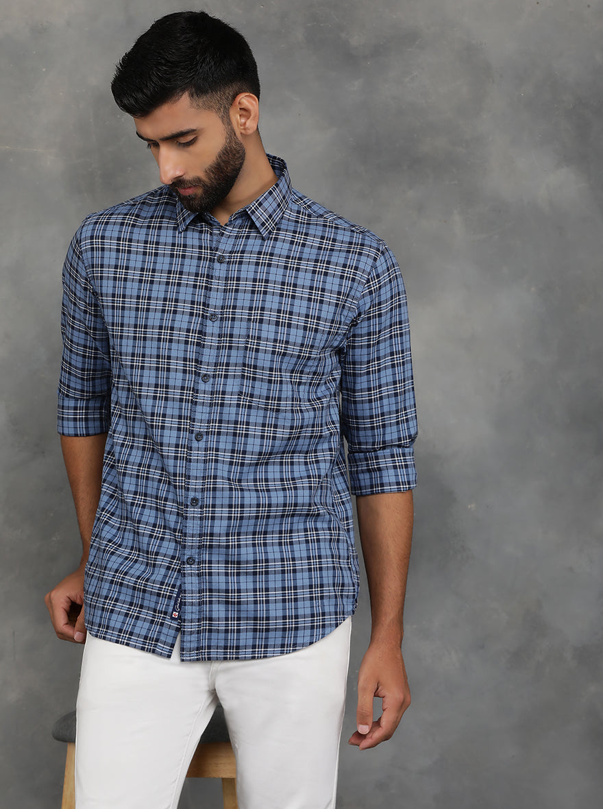Blue Checked Slim Fit Casual Shirt | GreenFibre
