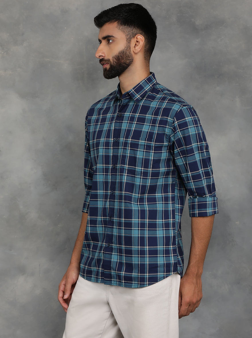 Blue Checked Slim Fit Casual Shirt | GreenFibre