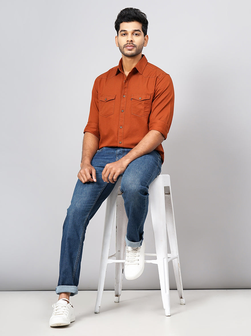 Rust Solid Slim Fit Casual Shirt | Greenfibre