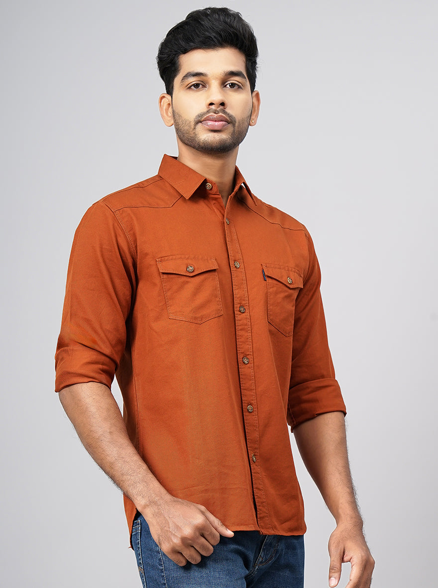 Rust Solid Slim Fit Casual Shirt | Greenfibre