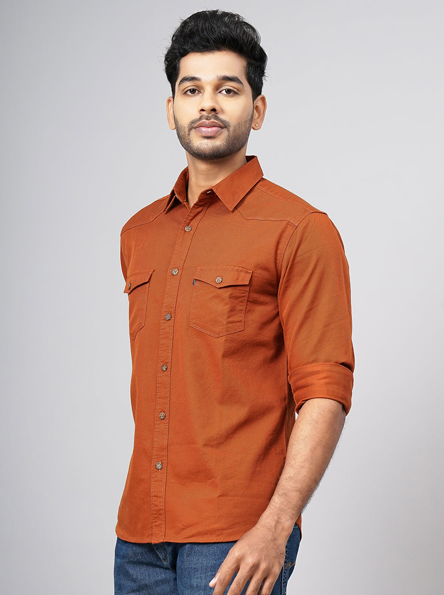 Rust Solid Slim Fit Casual Shirt | Greenfibre
