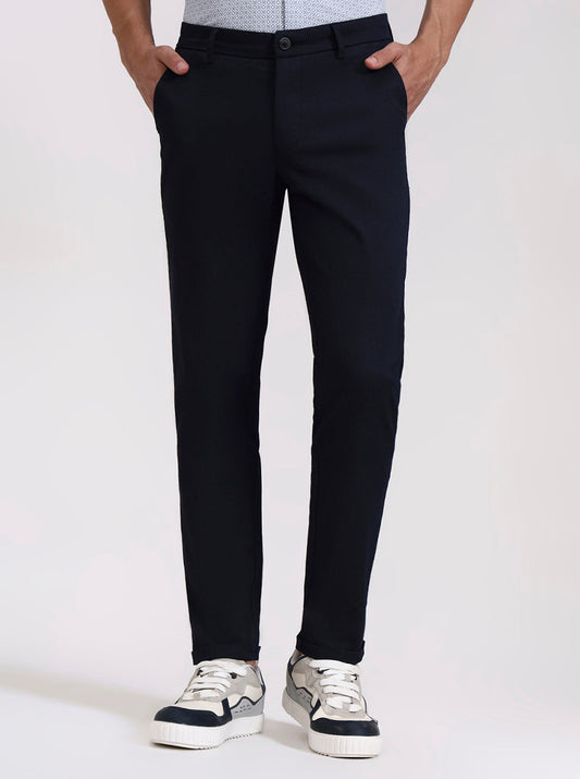 Navy Blue Solid Neo Fit Casual Trouser | Greenfibre