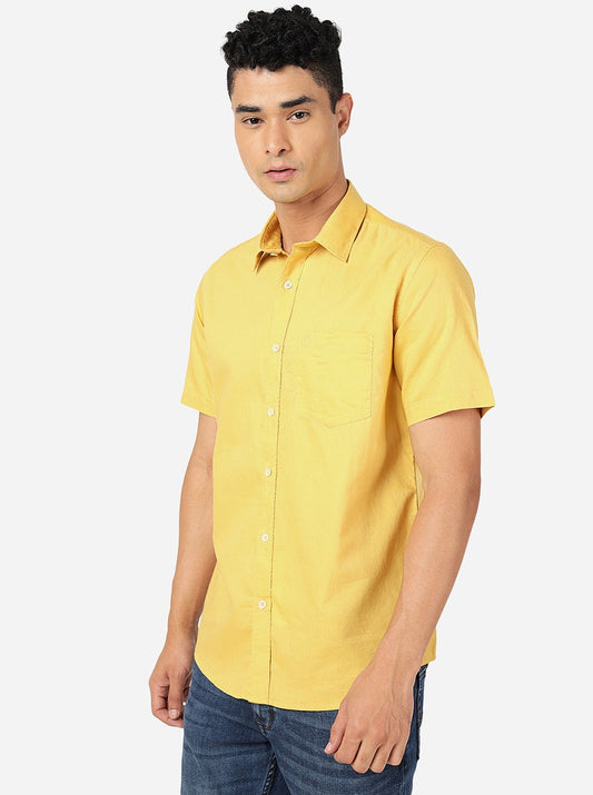 Mustard Yellow Solid Slim Fit Semi Casual Shirt | Greenfibre