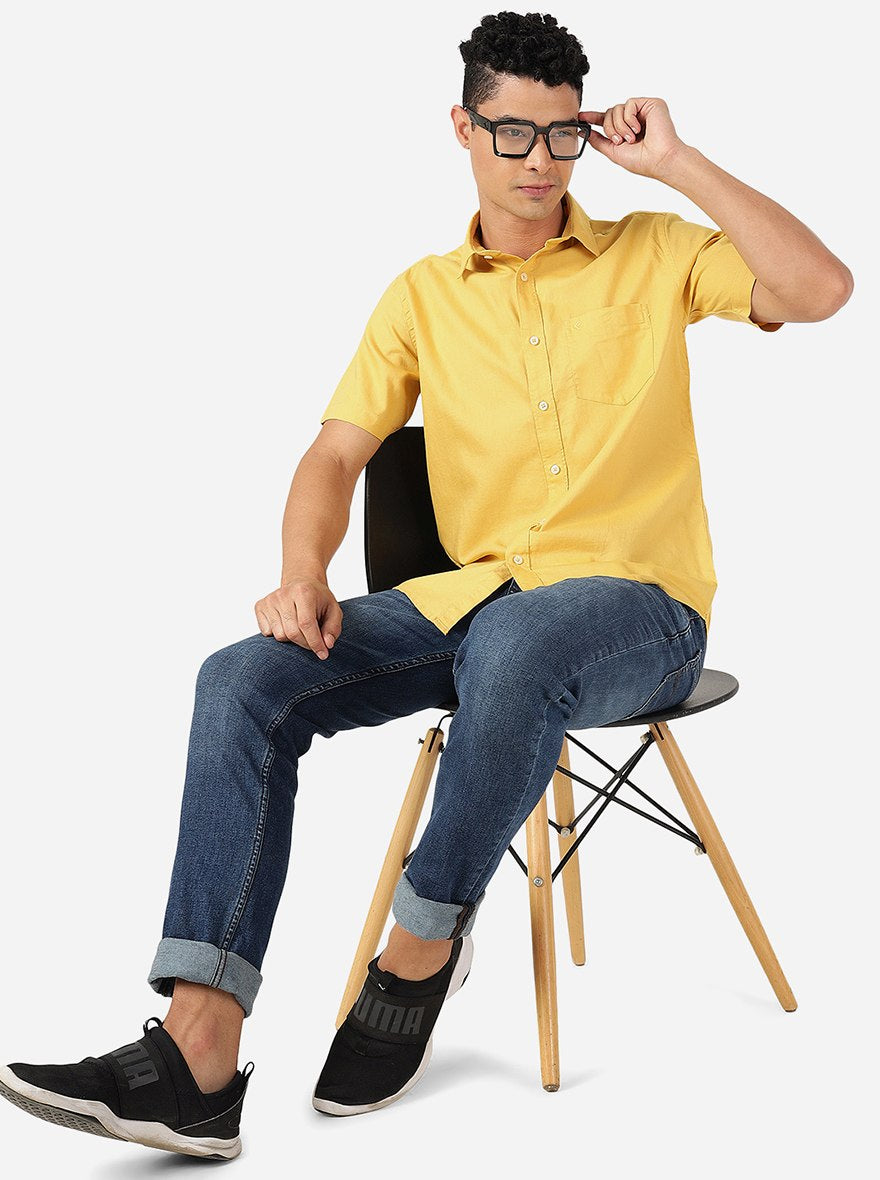 Mustard Yellow Solid Slim Fit Semi Casual Shirt | Greenfibre