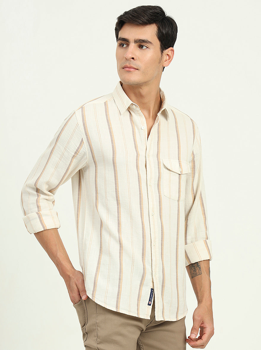 Beige Striped Slim Fit Casual Shirt | Greenfibre