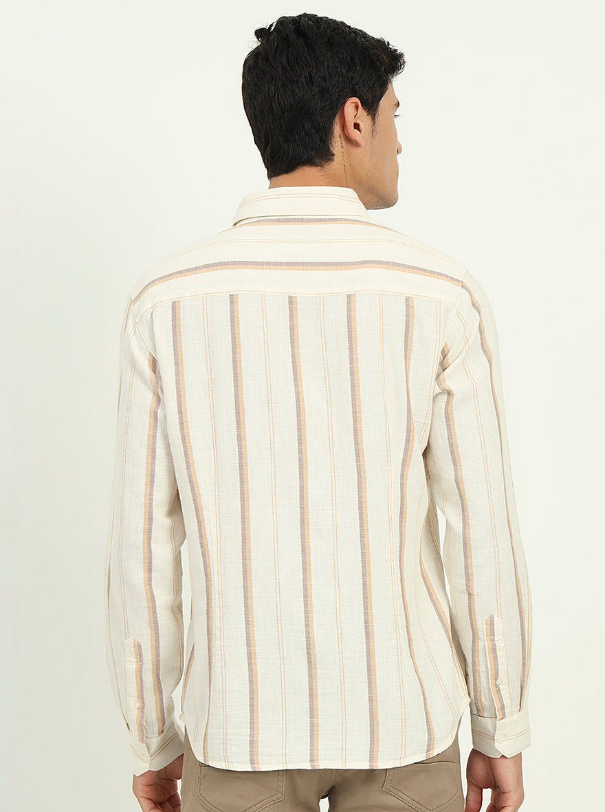 Beige Striped Slim Fit Casual Shirt | Greenfibre