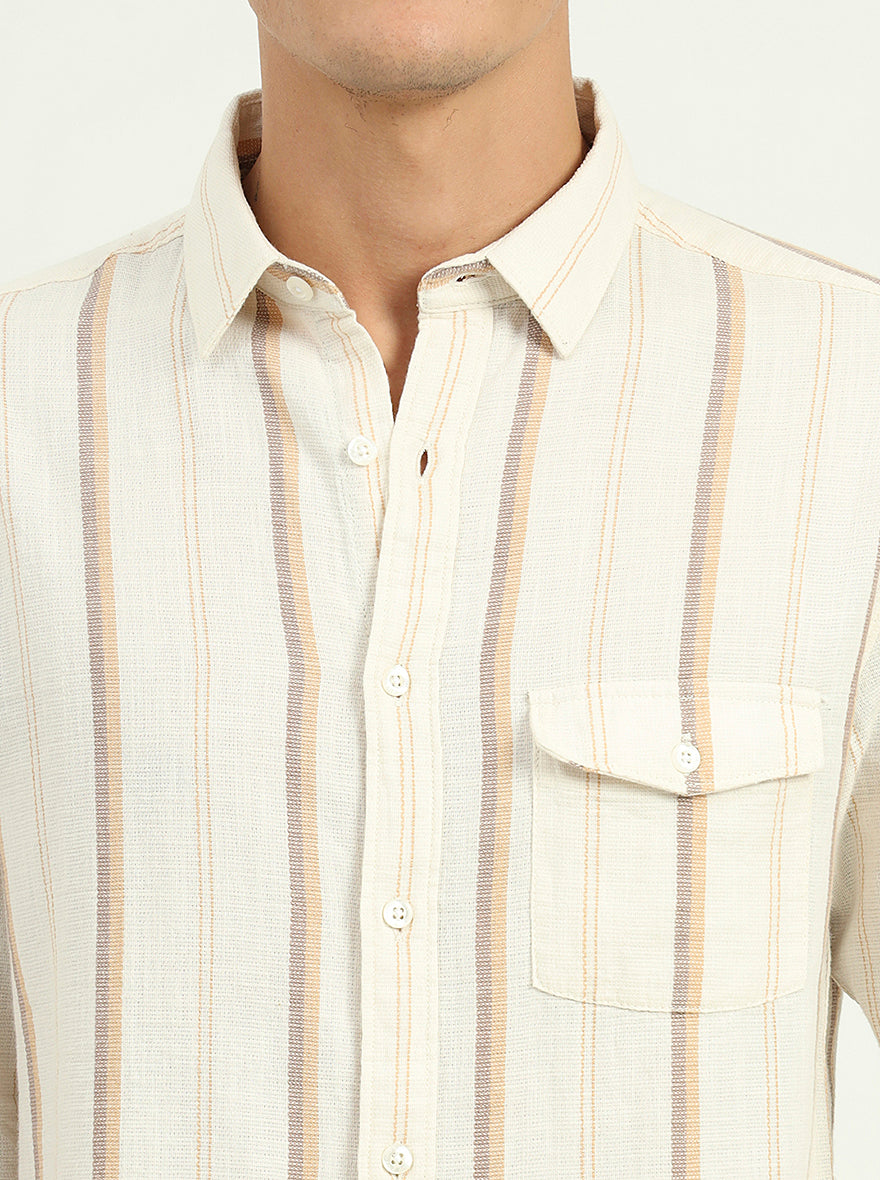 Beige Striped Slim Fit Casual Shirt | Greenfibre