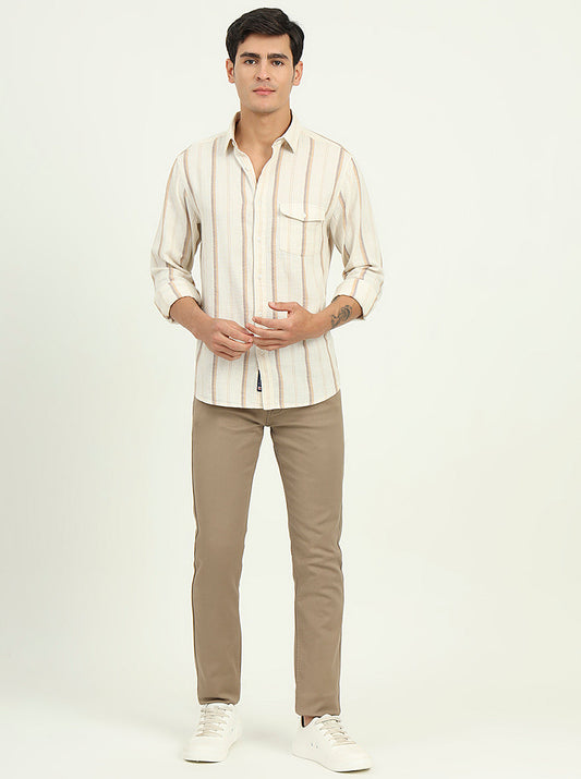 Beige Striped Slim Fit Casual Shirt | Greenfibre