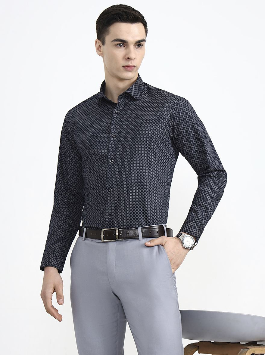 Navy Blue Printed Slim Fit Party Wear Shirt | Greenfibre