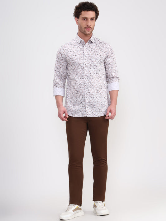 Brown & White Printed Slim Fit Casual Shirt | Greenfibre