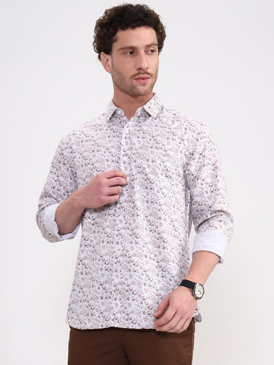 Brown & White Printed Slim Fit Casual Shirt | Greenfibre