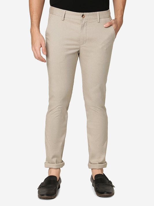Cream Solid Super Slim Fit Casual Trouser | Greenfibre
