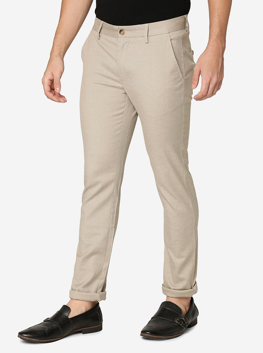 Cream Solid Super Slim Fit Casual Trouser | Greenfibre