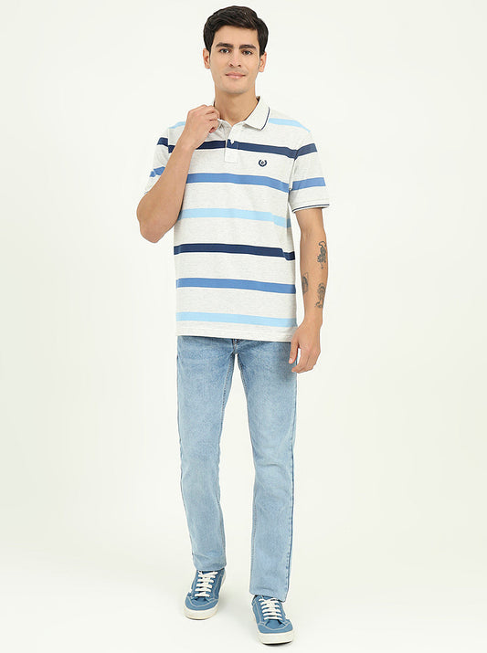 Grey & Blue Striped Slim Fit Polo T-Shirt | Greenfibre