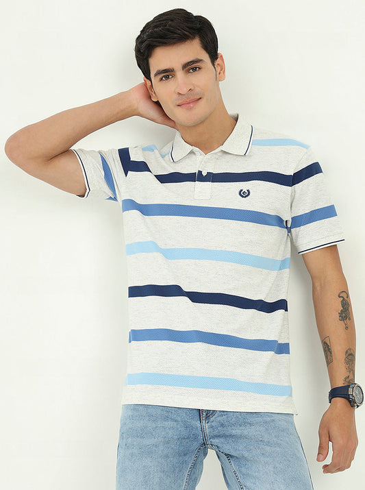 Grey & Blue Striped Slim Fit Polo T-Shirt | Greenfibre