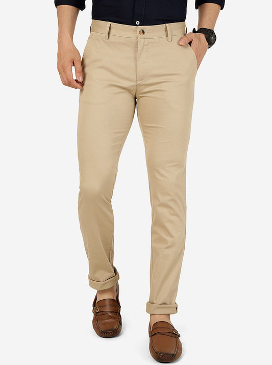 Beige Solid Super Slim Fit Casual Trouser | Greenfibre
