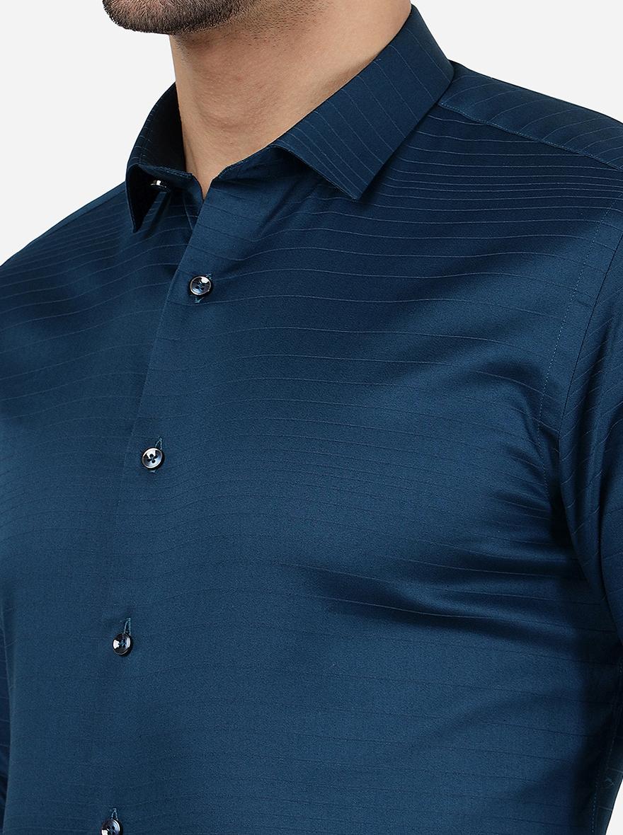 Peacock Blue Striped Slim Fit Party Wear Shirt | Greenfibre