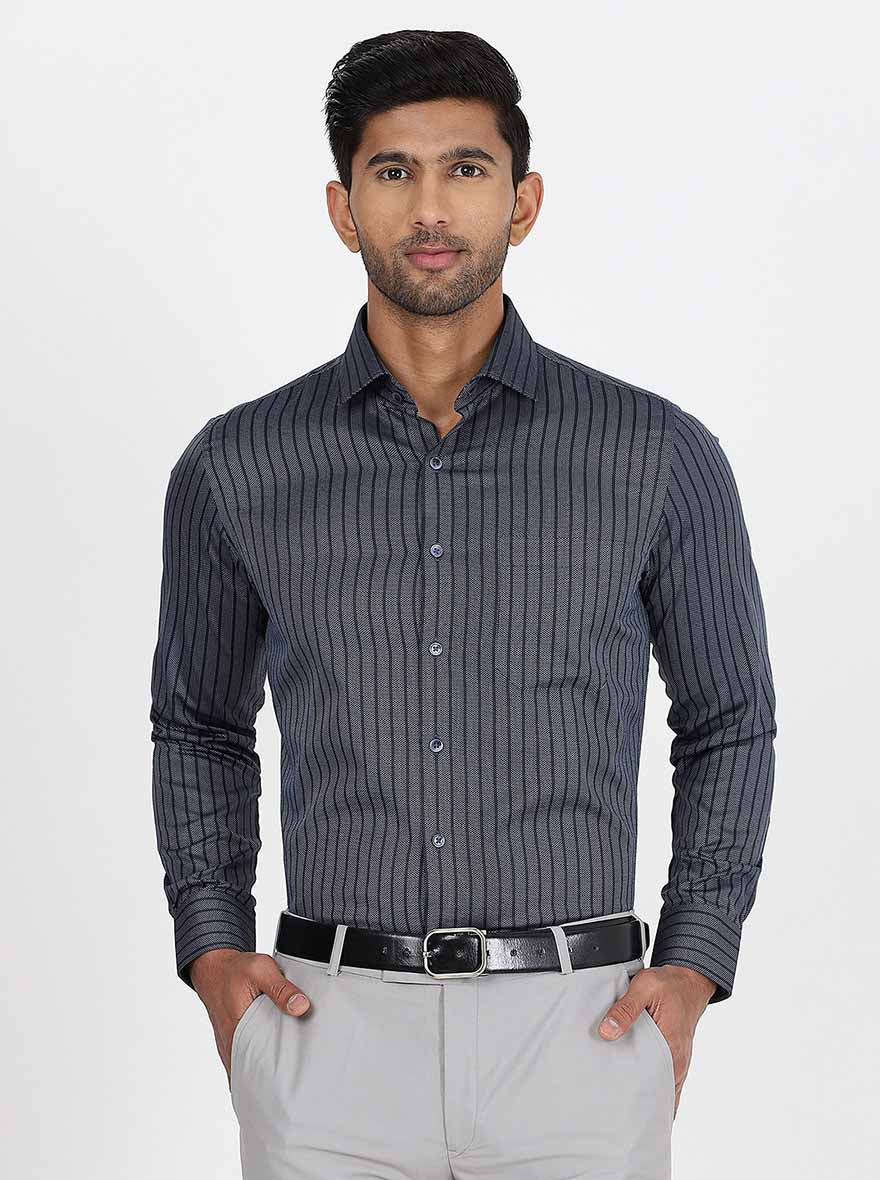 Navy Blue Striped Slim Fit Formal Shirt | Greenfibre