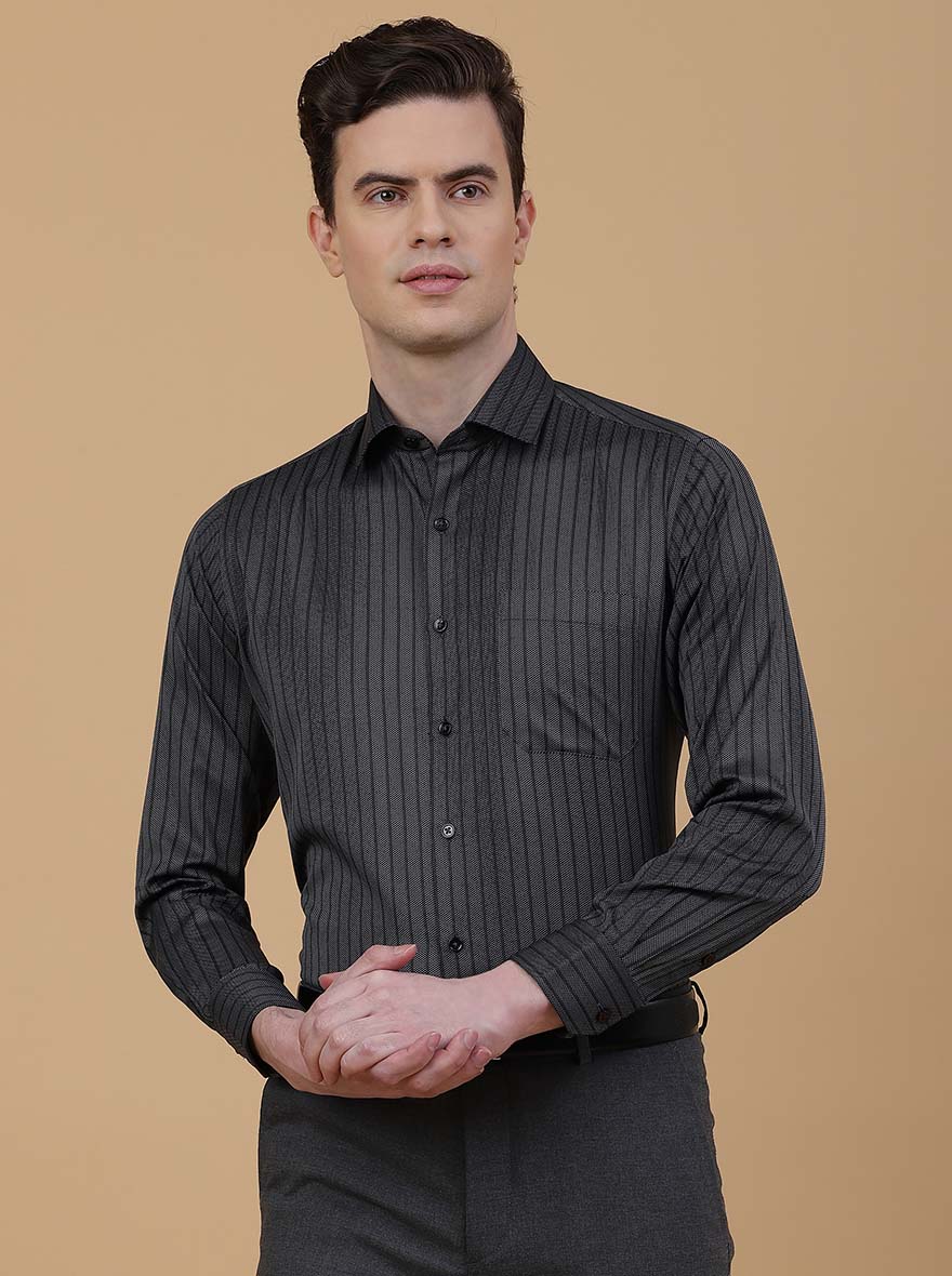 Dark Grey Striped Slim Fit Formal Shirt | Greenfibre