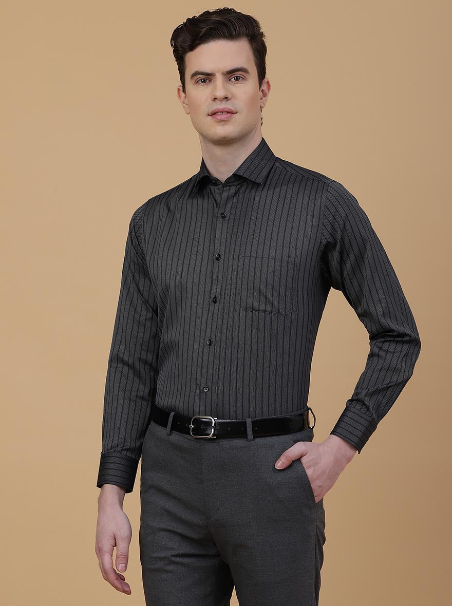 Dark Grey Striped Slim Fit Formal Shirt | Greenfibre