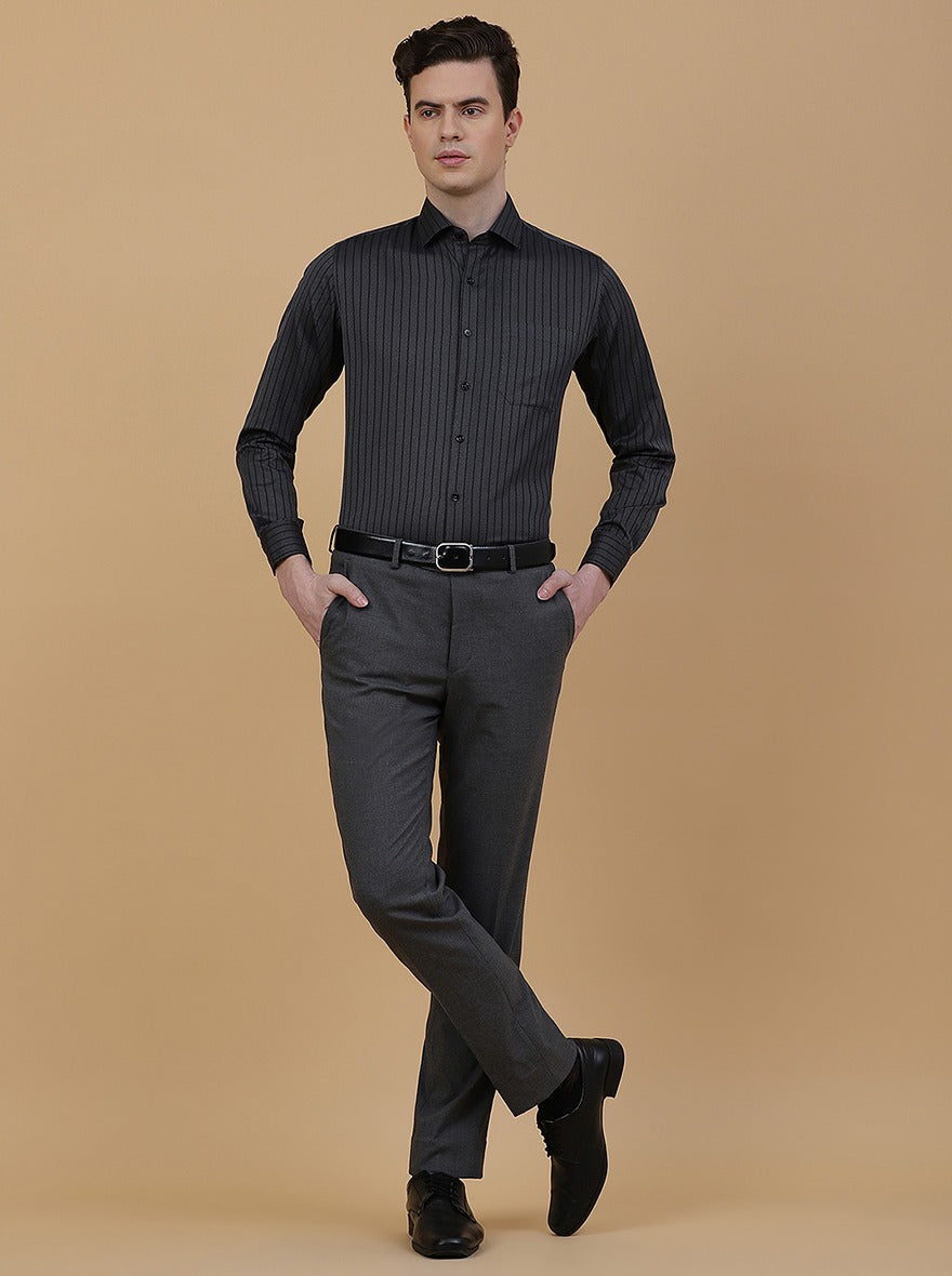 Dark Grey Striped Slim Fit Formal Shirt | Greenfibre