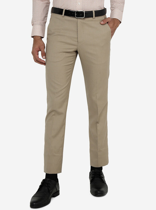 Beige Solid Super Slim Fit Formal Trouser | Greenfibre