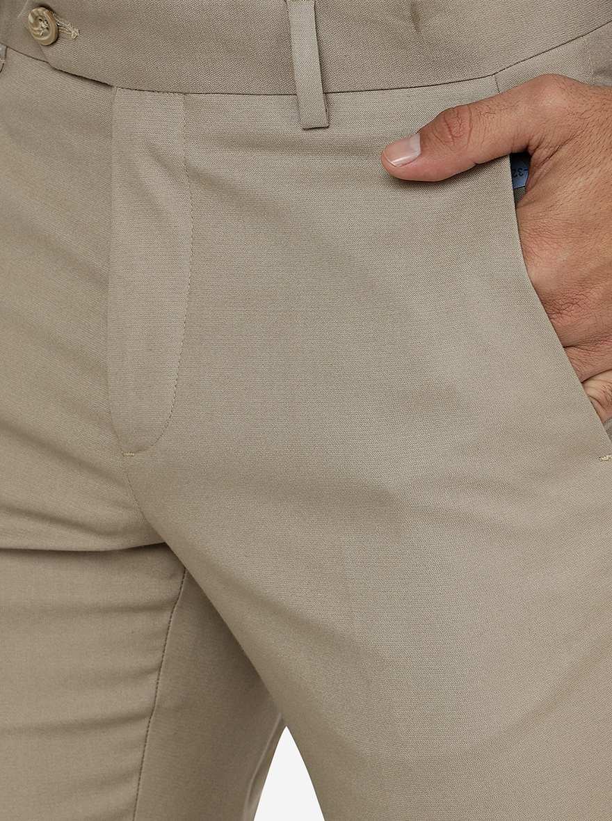 Beige Solid Super Slim Fit Formal Trouser | Greenfibre