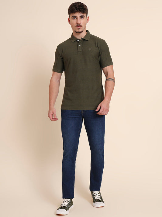 Olive Printed Slim Fit Polo T-Shirt | Greenfibre