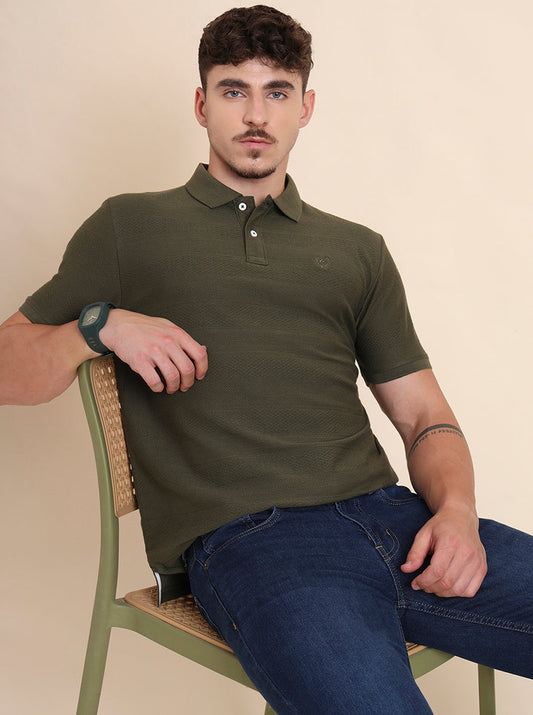 Olive Printed Slim Fit Polo T-Shirt | Greenfibre
