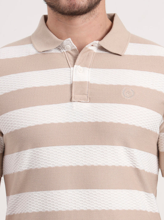 White & Beige Striped Slim Fit Polo T-Shirt | Greenfibre