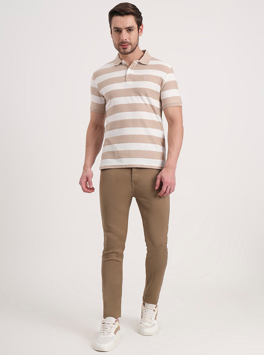 White & Beige Striped Slim Fit Polo T-Shirt | Greenfibre