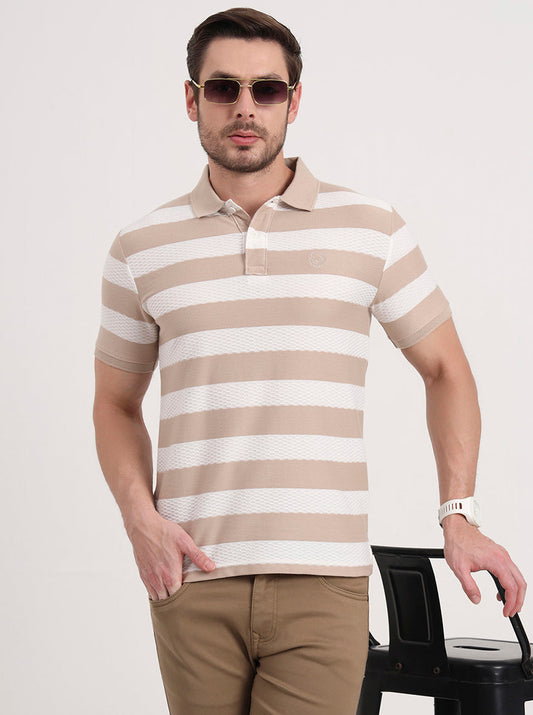 White & Beige Printed Slim Fit Polo T-Shirt | Greenfibre