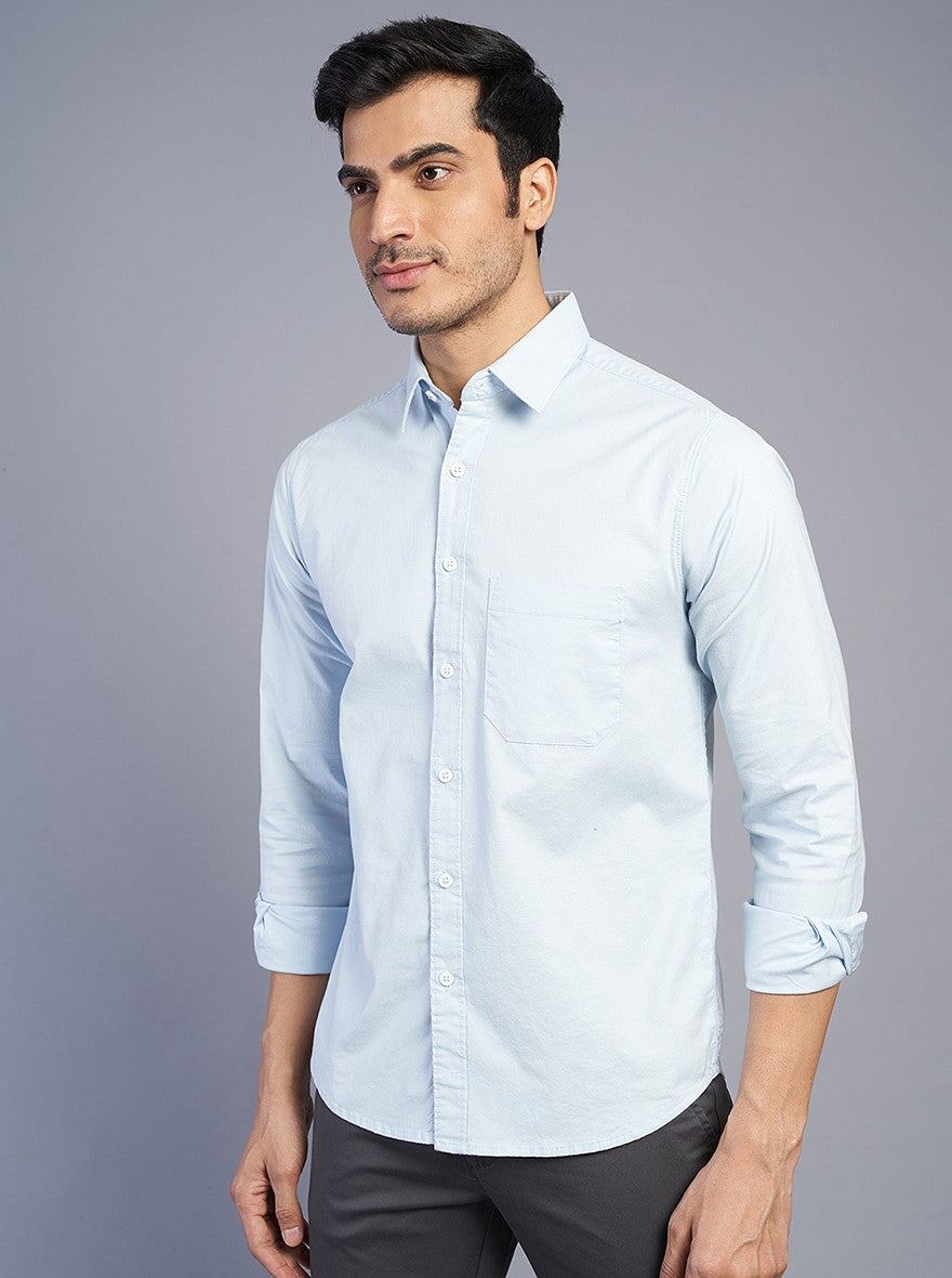 Light Blue Solid Slim Fit Casual Shirt | Greenfibre