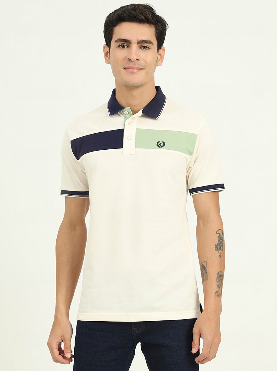 Off-White & Navy Blue Striped Slim Fit Polo T-Shirt | Greenfibre