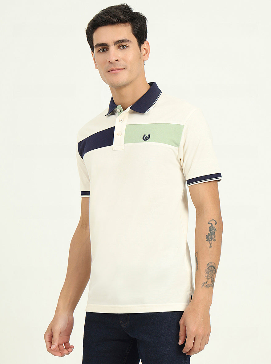 Off-White & Navy Blue Striped Slim Fit Polo T-Shirt | Greenfibre