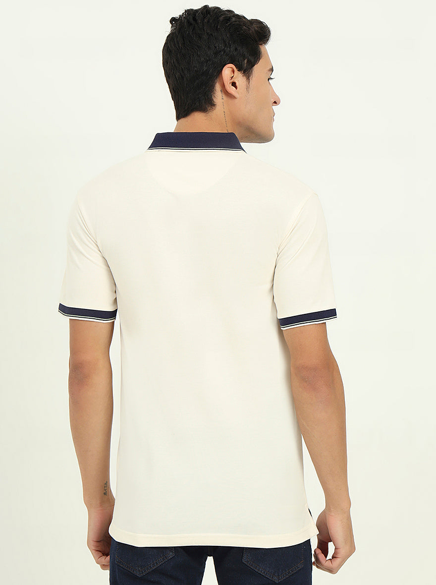 Off-White & Navy Blue Striped Slim Fit Polo T-Shirt | Greenfibre