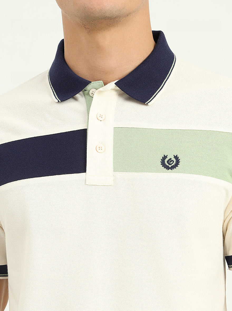Off-White & Navy Blue Striped Slim Fit Polo T-Shirt | Greenfibre