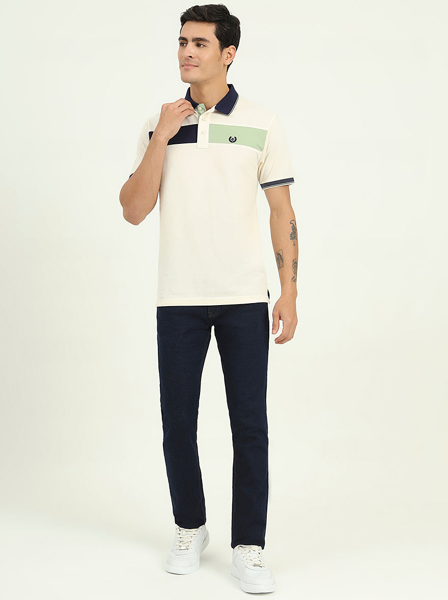 Off-White & Navy Blue Striped Slim Fit Polo T-Shirt | Greenfibre