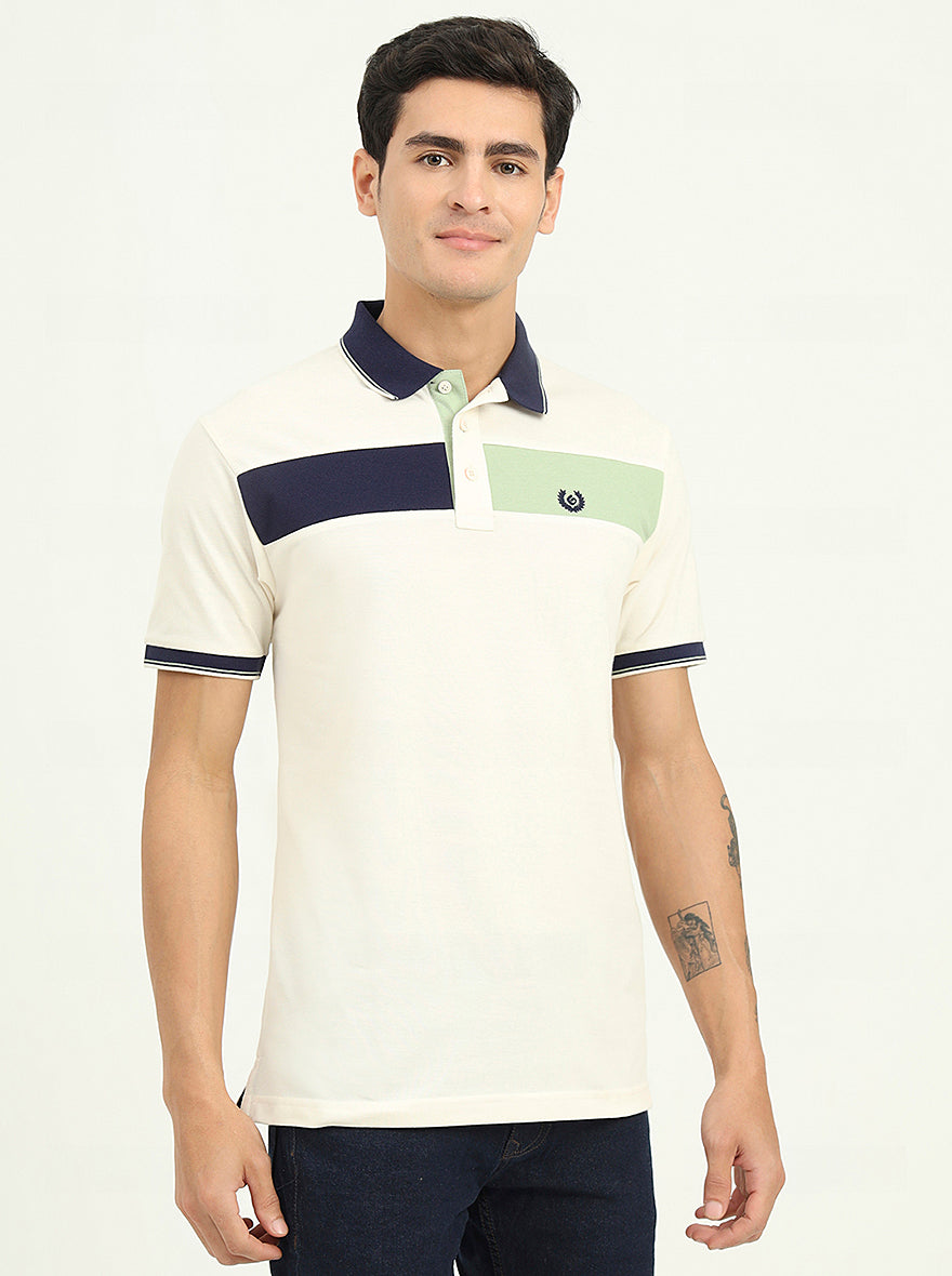 Off-White & Navy Blue Striped Slim Fit Polo T-Shirt | Greenfibre